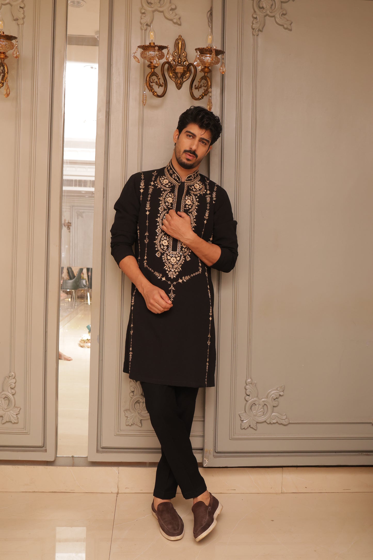 Black aari work kurta set