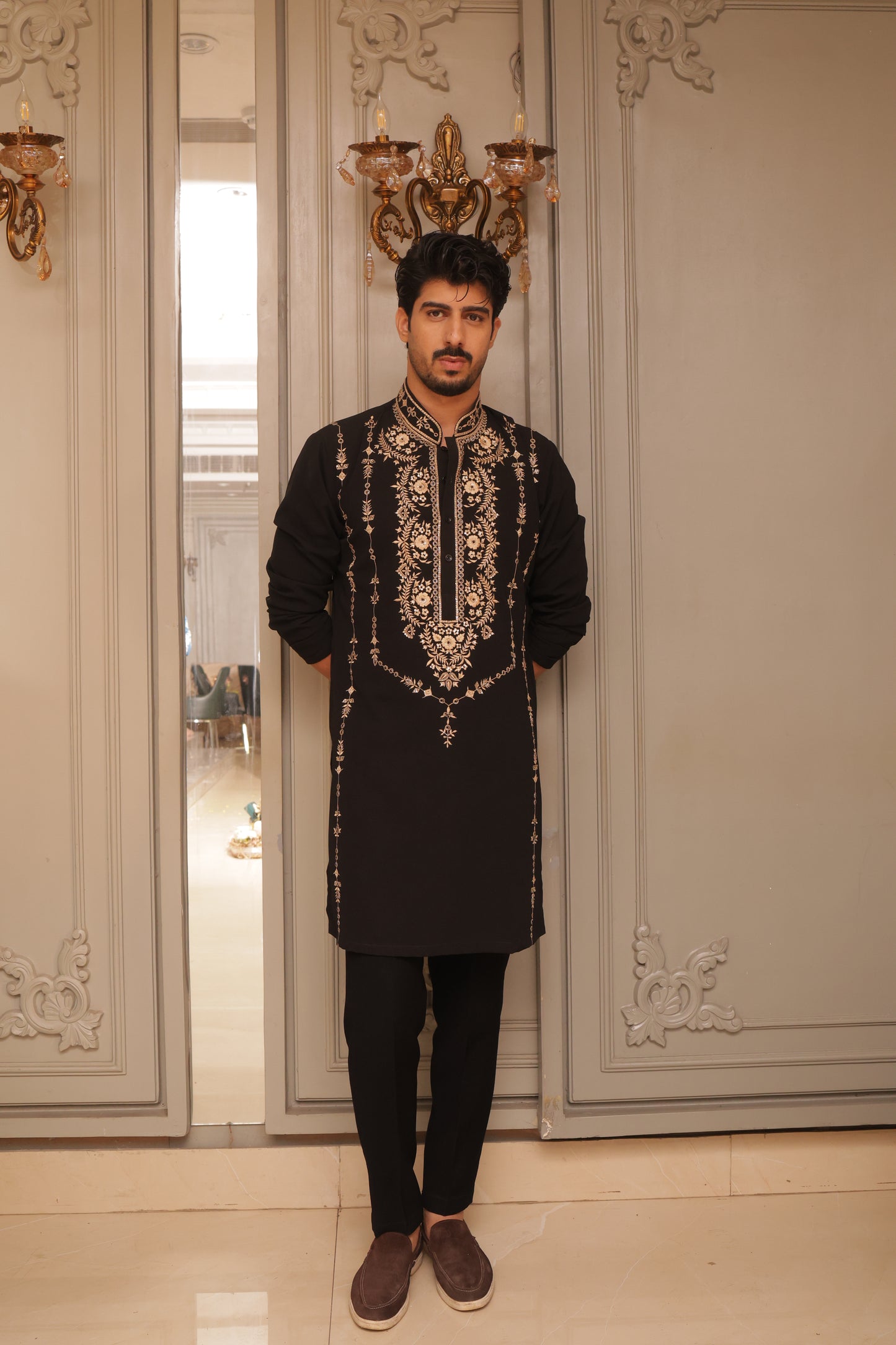 Black aari work kurta set