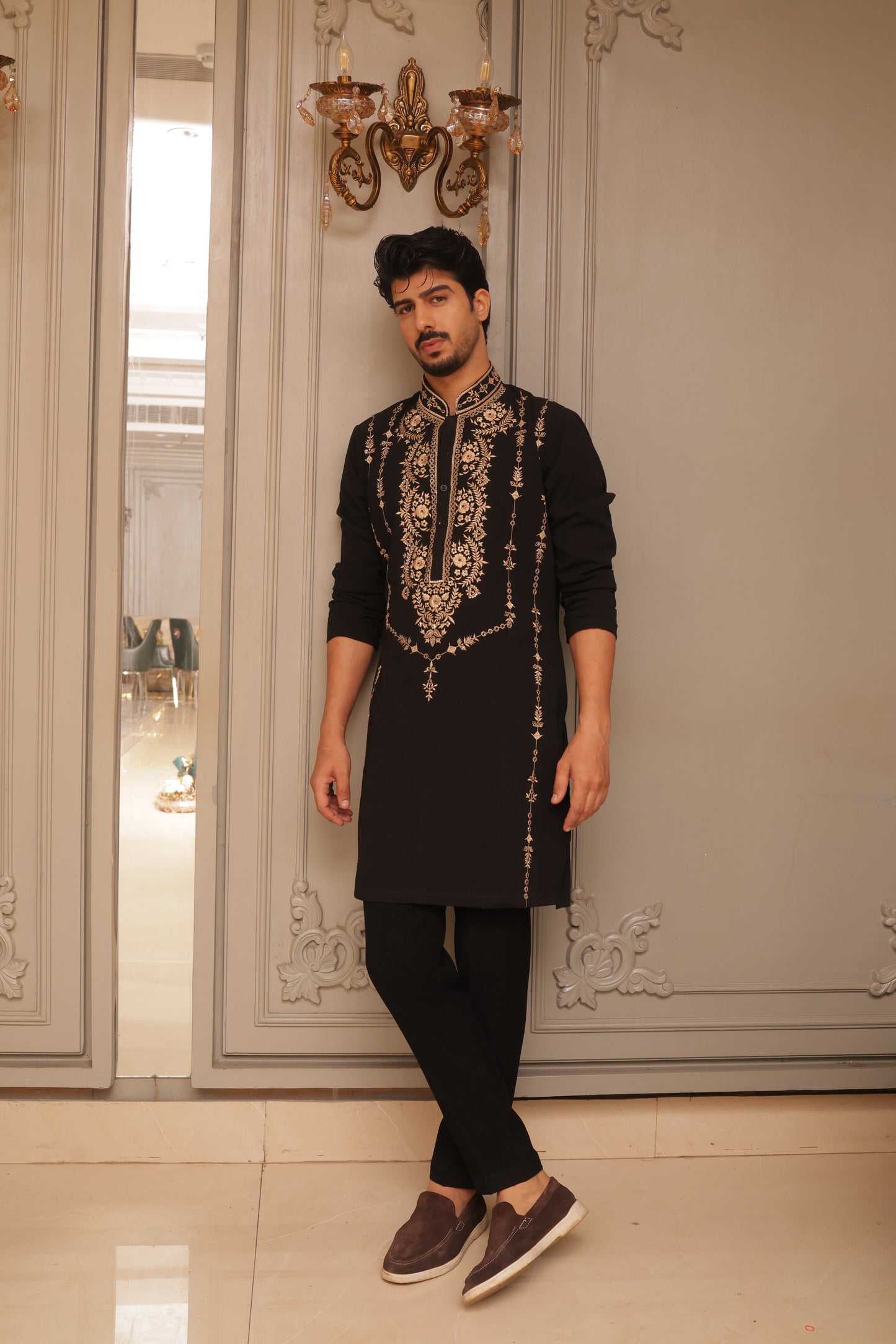 Black aari work kurta set