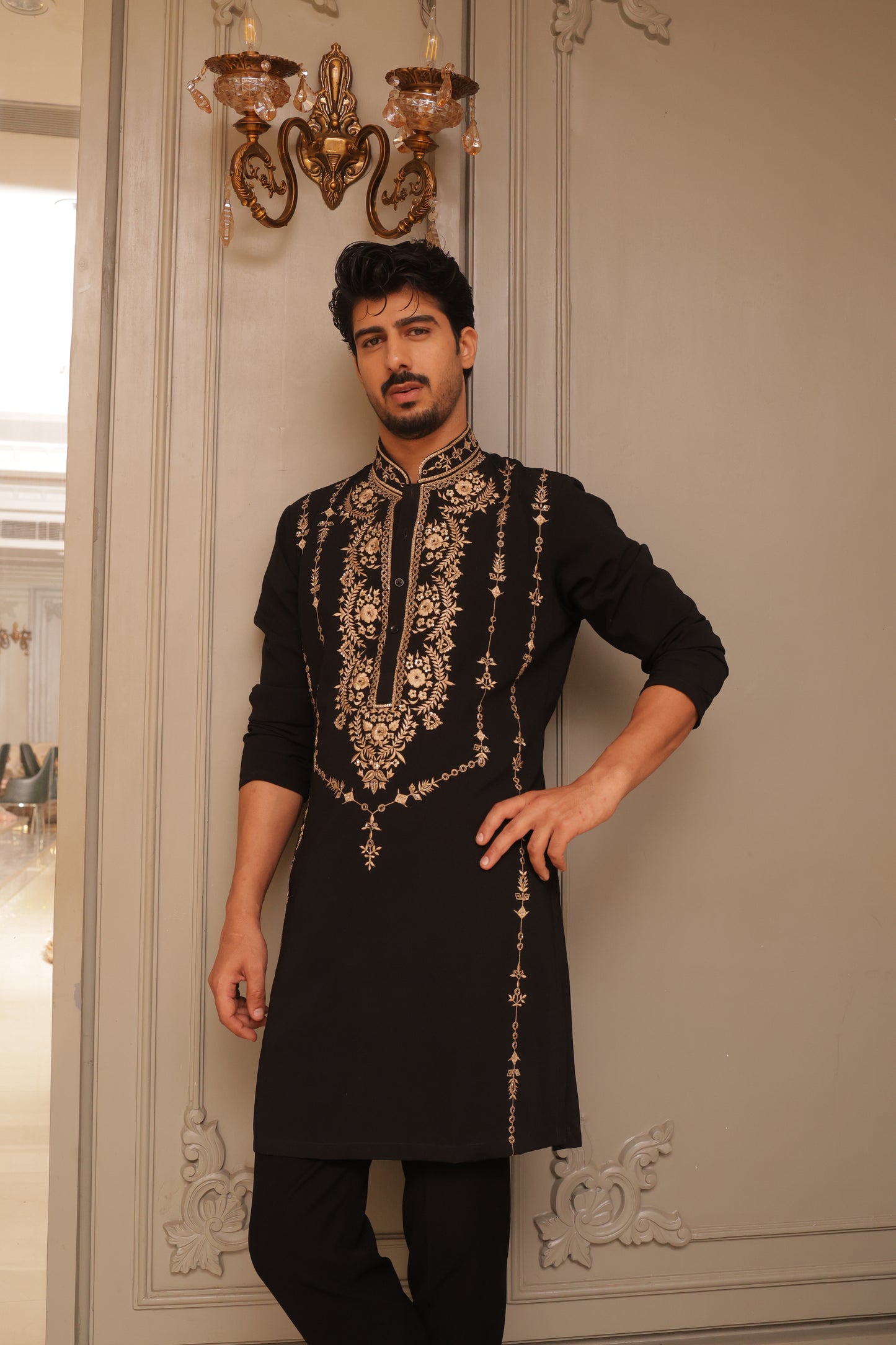 Black aari work kurta set