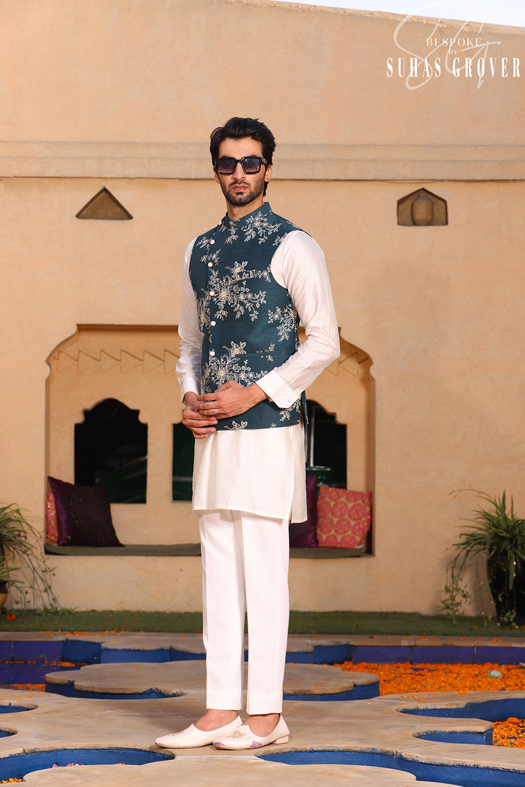 TEEL GREEN CHANDERI SILK NEHRU JACKET
