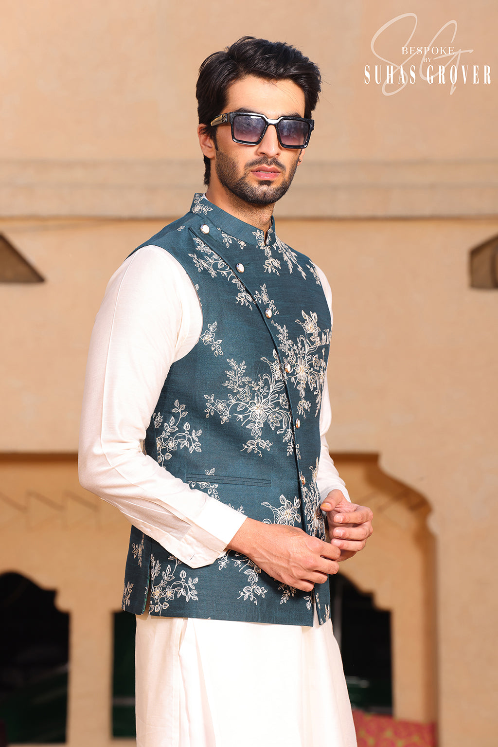 TEEL GREEN CHANDERI SILK NEHRU JACKET