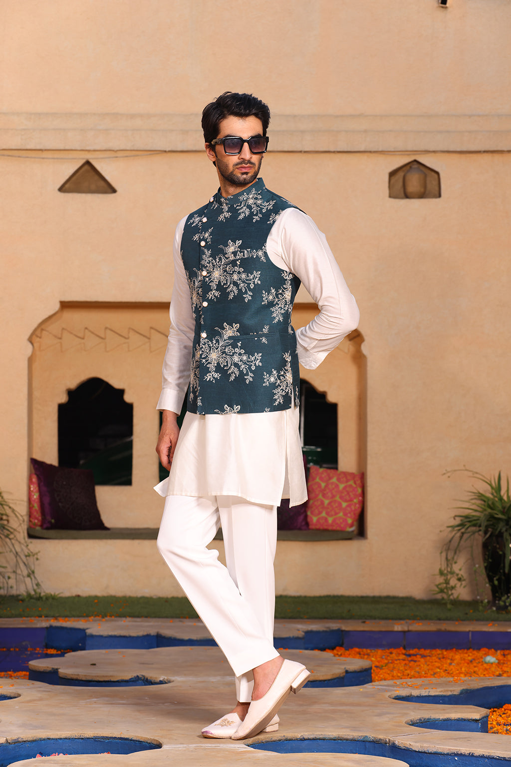 TEEL GREEN CHANDERI SILK NEHRU JACKET
