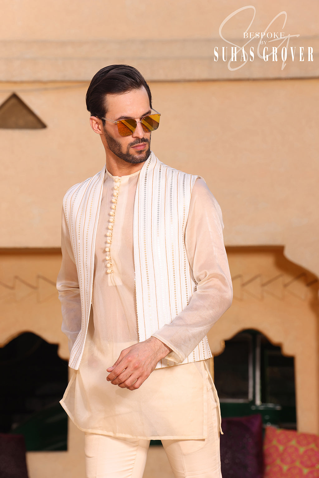 WHITE LUCKNOWI OPEN SHRUG JACKET SET