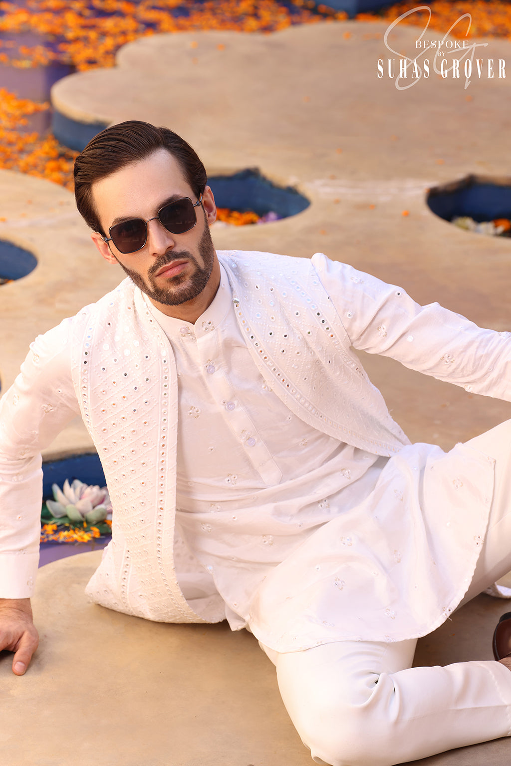 WHITE LUCKNWI LONG NEHRU JACKET
