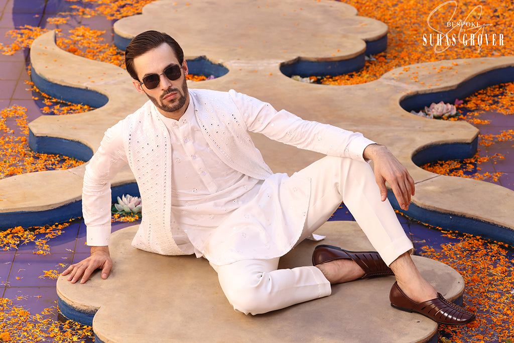 WHITE LUCKNWI LONG NEHRU JACKET