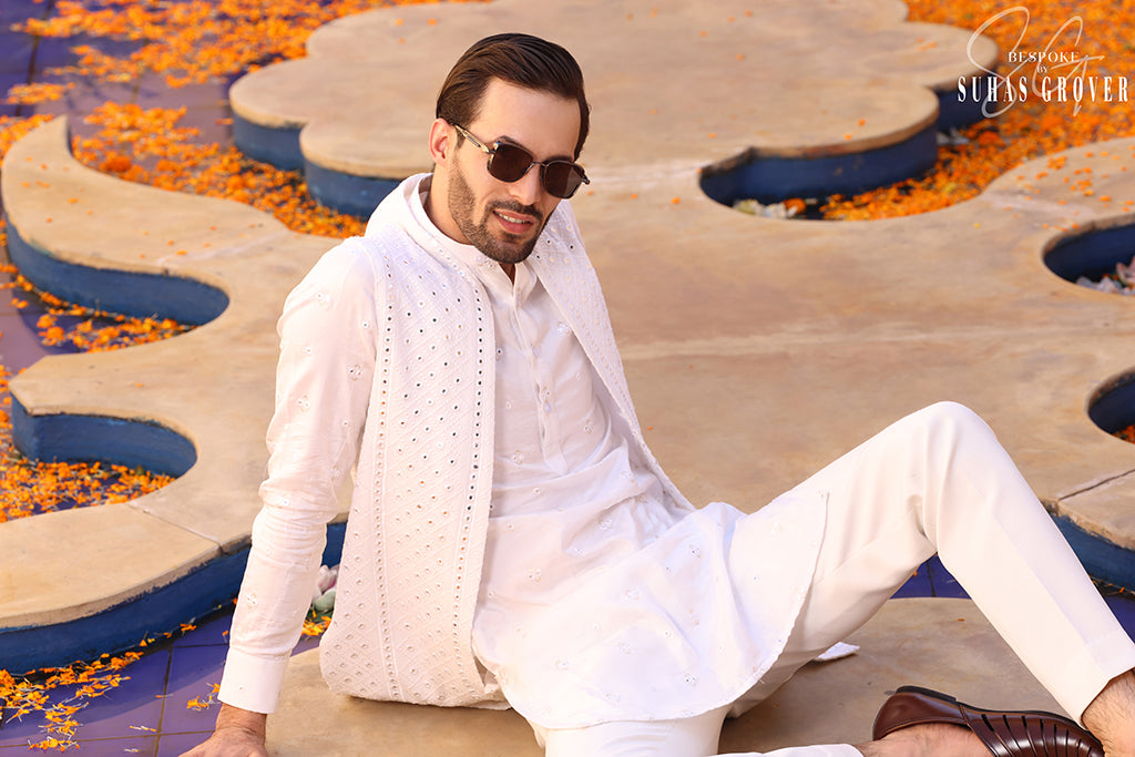 WHITE LUCKNWI LONG NEHRU JACKET