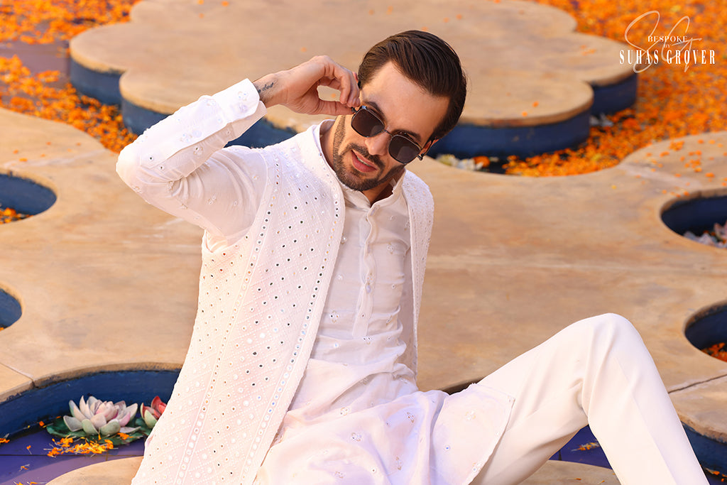 WHITE LUCKNWI LONG NEHRU JACKET