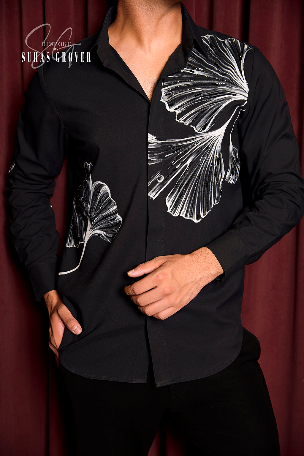 BLACK FLOWER HANDPAINTED SHIRT