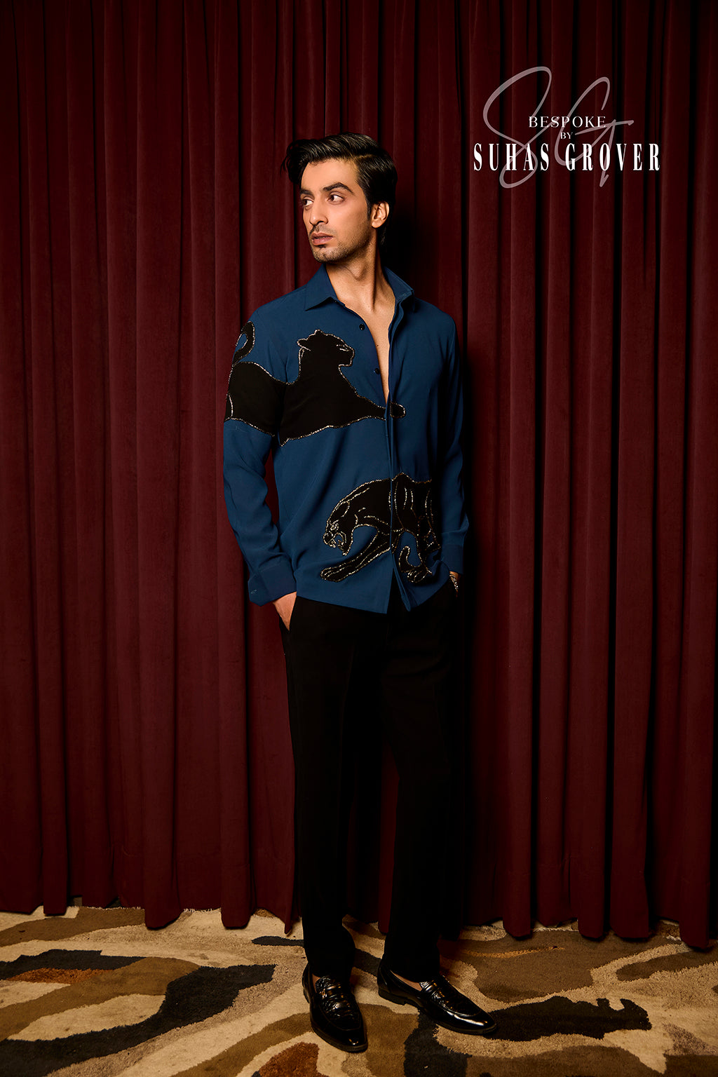 TEEL BLUE TIGER EMBROIDERED SHIRT
