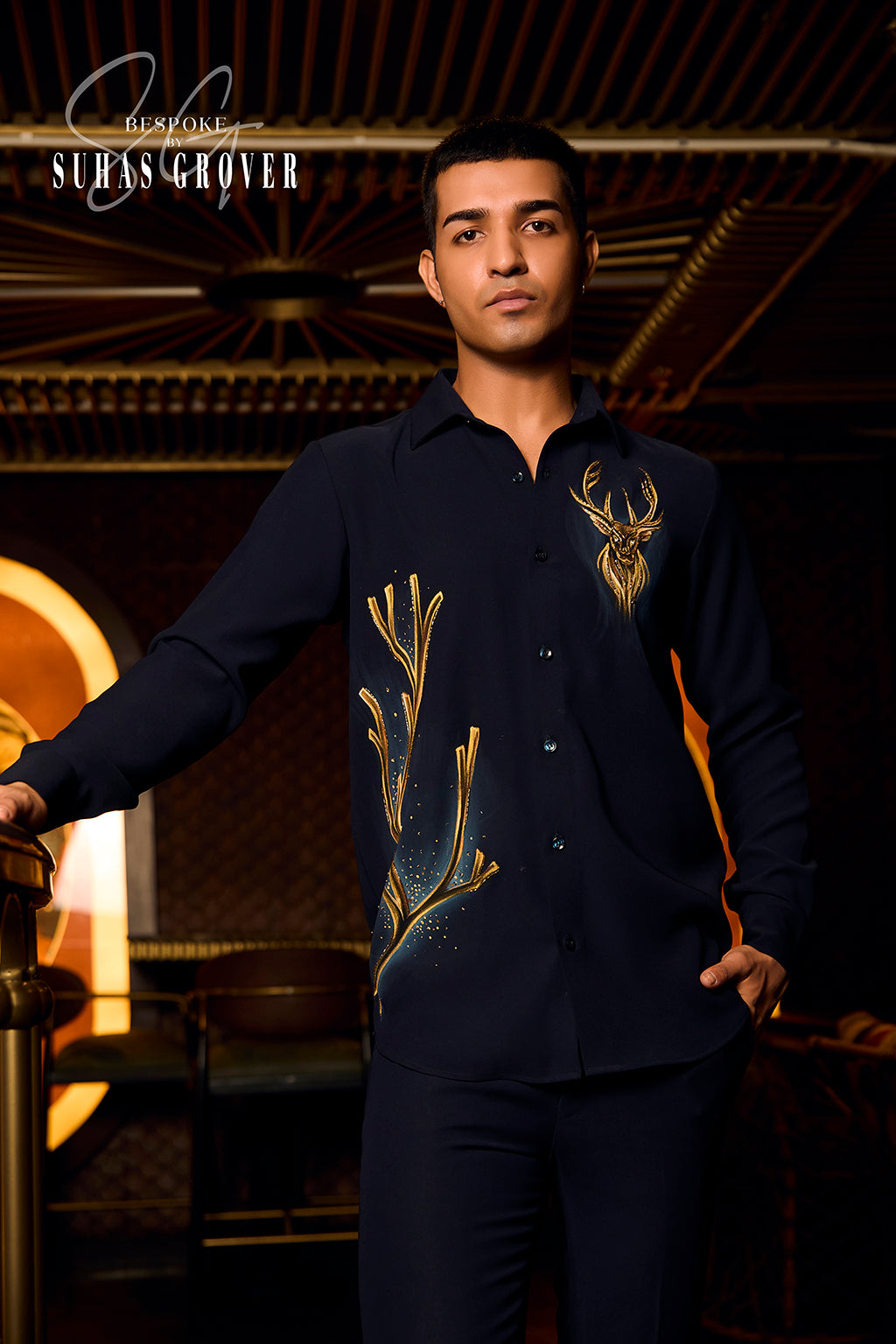 GOLDEN DEER HANDPAINTED BLUE SHIRT