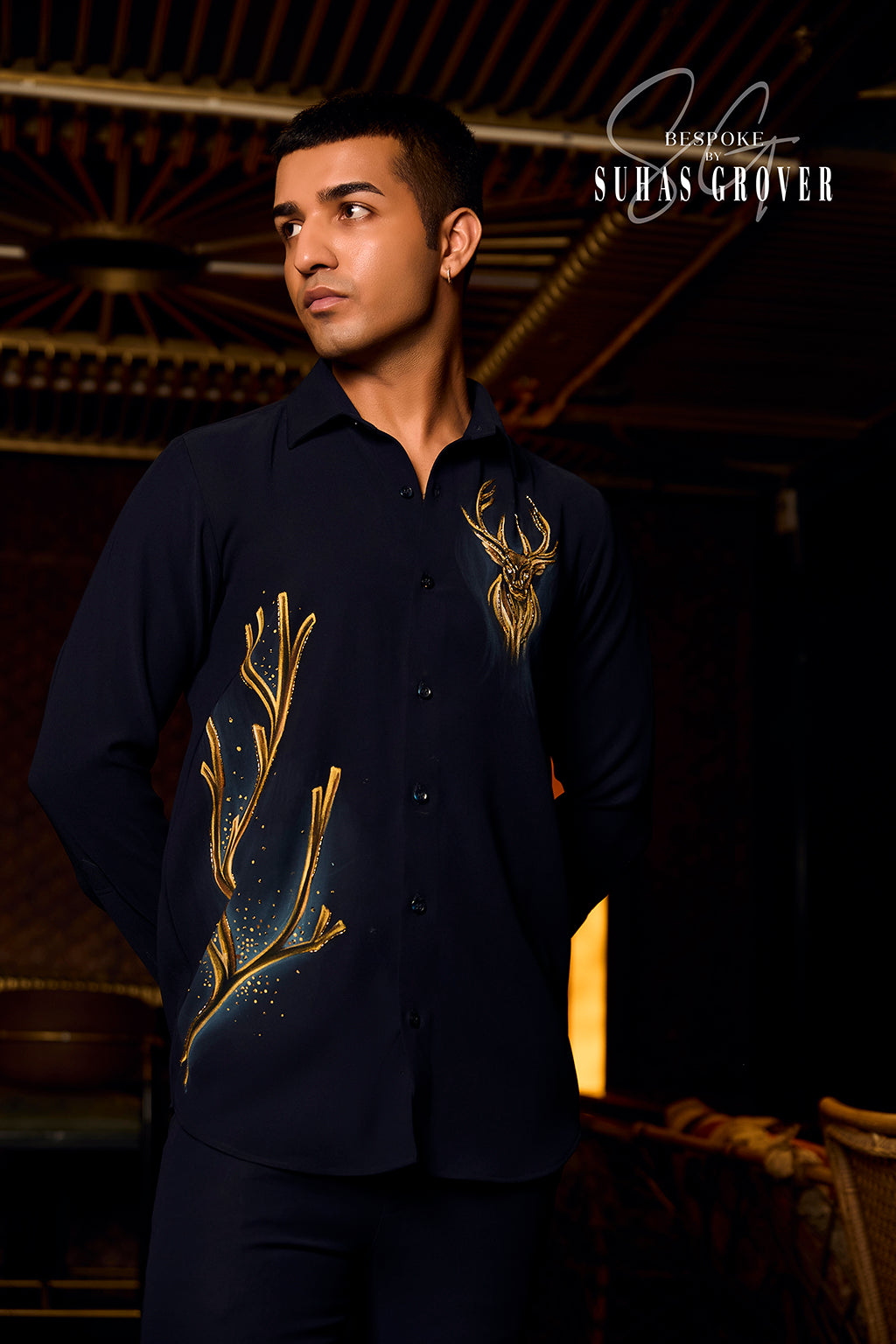 GOLDEN DEER HANDPAINTED BLUE SHIRT