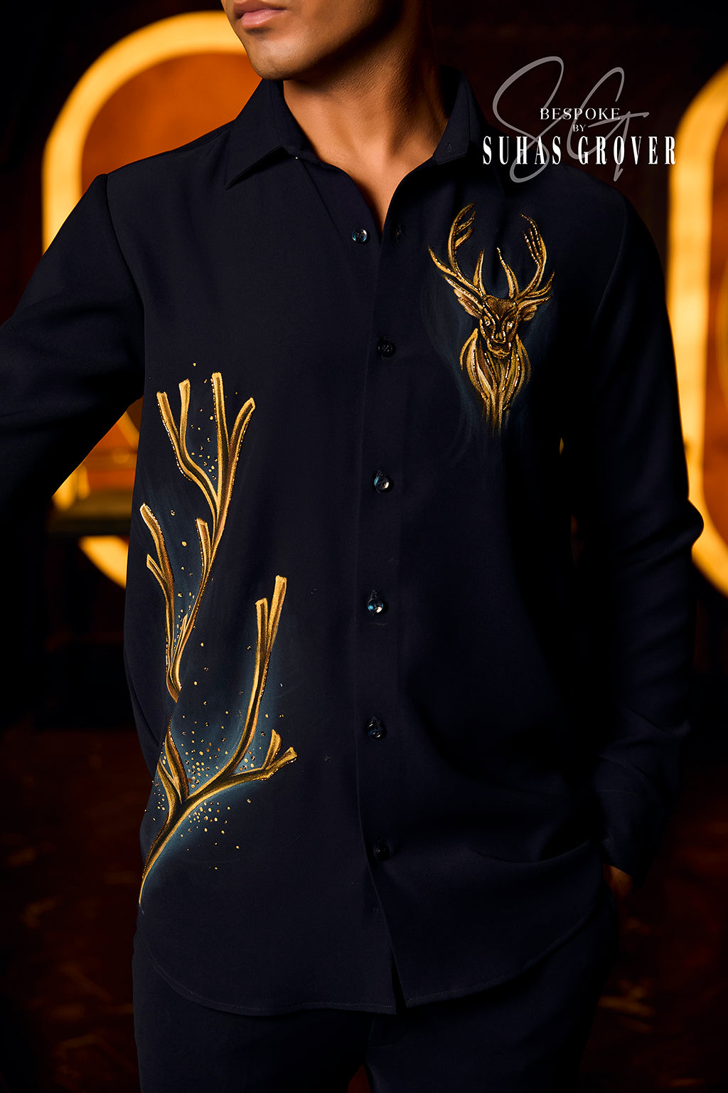 GOLDEN DEER HANDPAINTED BLUE SHIRT