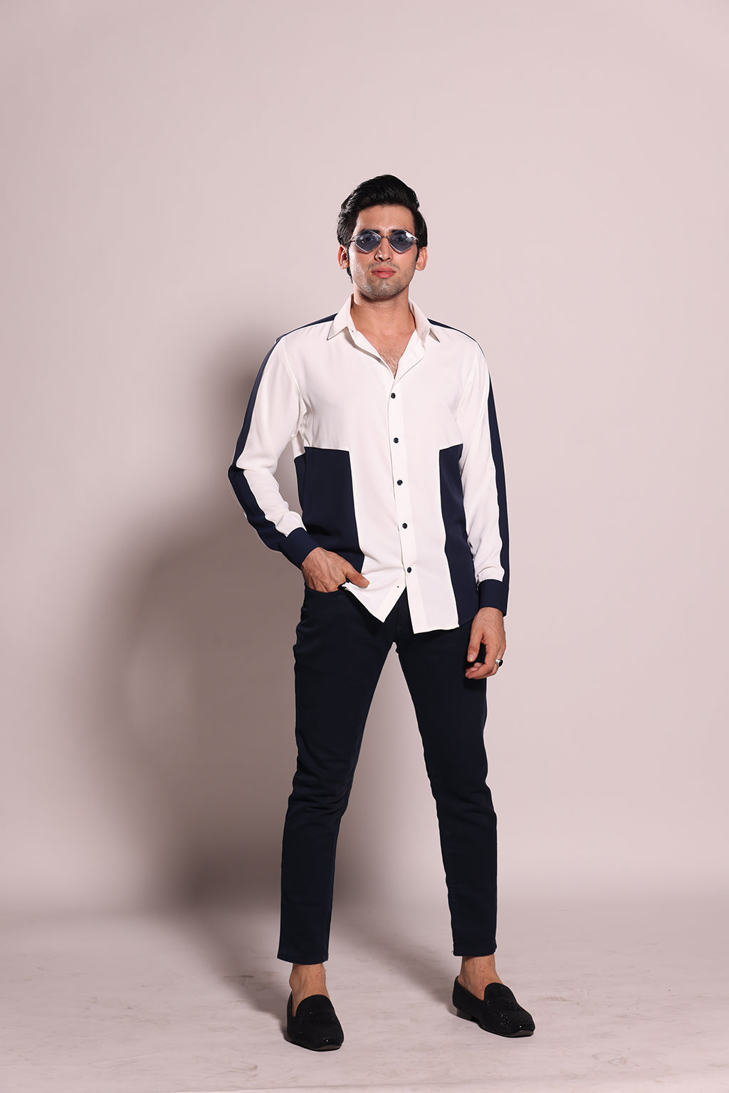 WHITE AND BLUE COLOUR BLOCK SHIRT