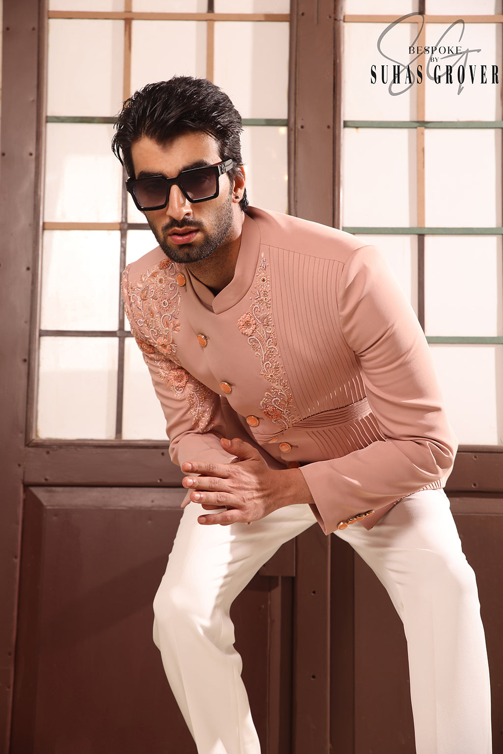 Peachish pink bandgala set