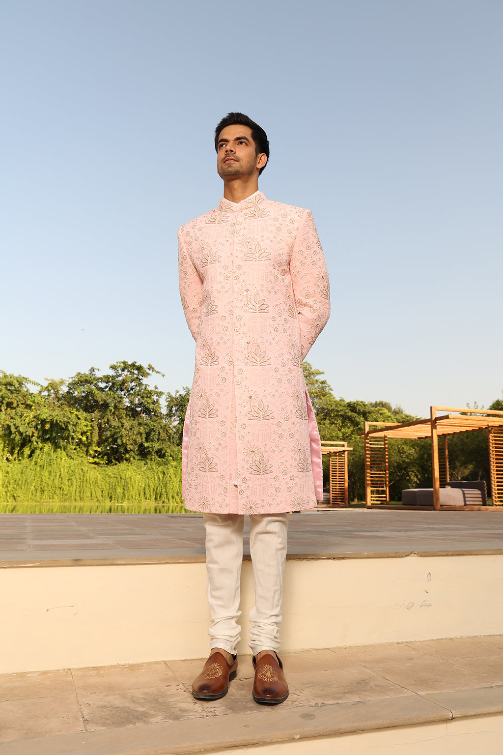 PINK FLOWER SHERWANI SET