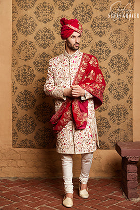 WHITE HEAVY EMBROIDERED SHERWANI SET