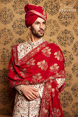 WHITE HEAVY EMBROIDERED SHERWANI SET