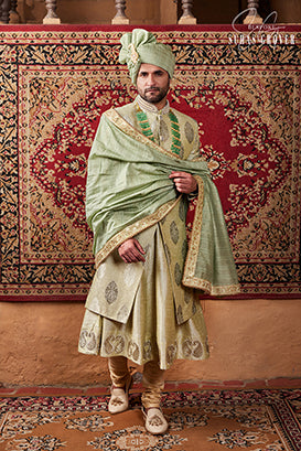 MINT GREEN JAQUARD SHERWANI SET