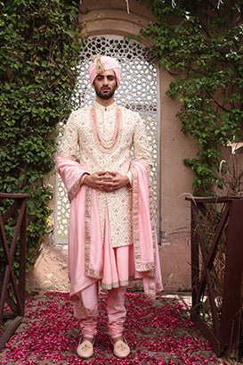 WHITE PEACH SHERWANI SET
