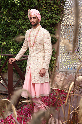 WHITE PEACH SHERWANI SET