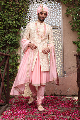 WHITE PEACH SHERWANI SET