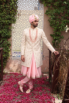 WHITE PEACH SHERWANI SET