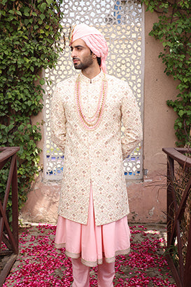 WHITE PEACH SHERWANI SET