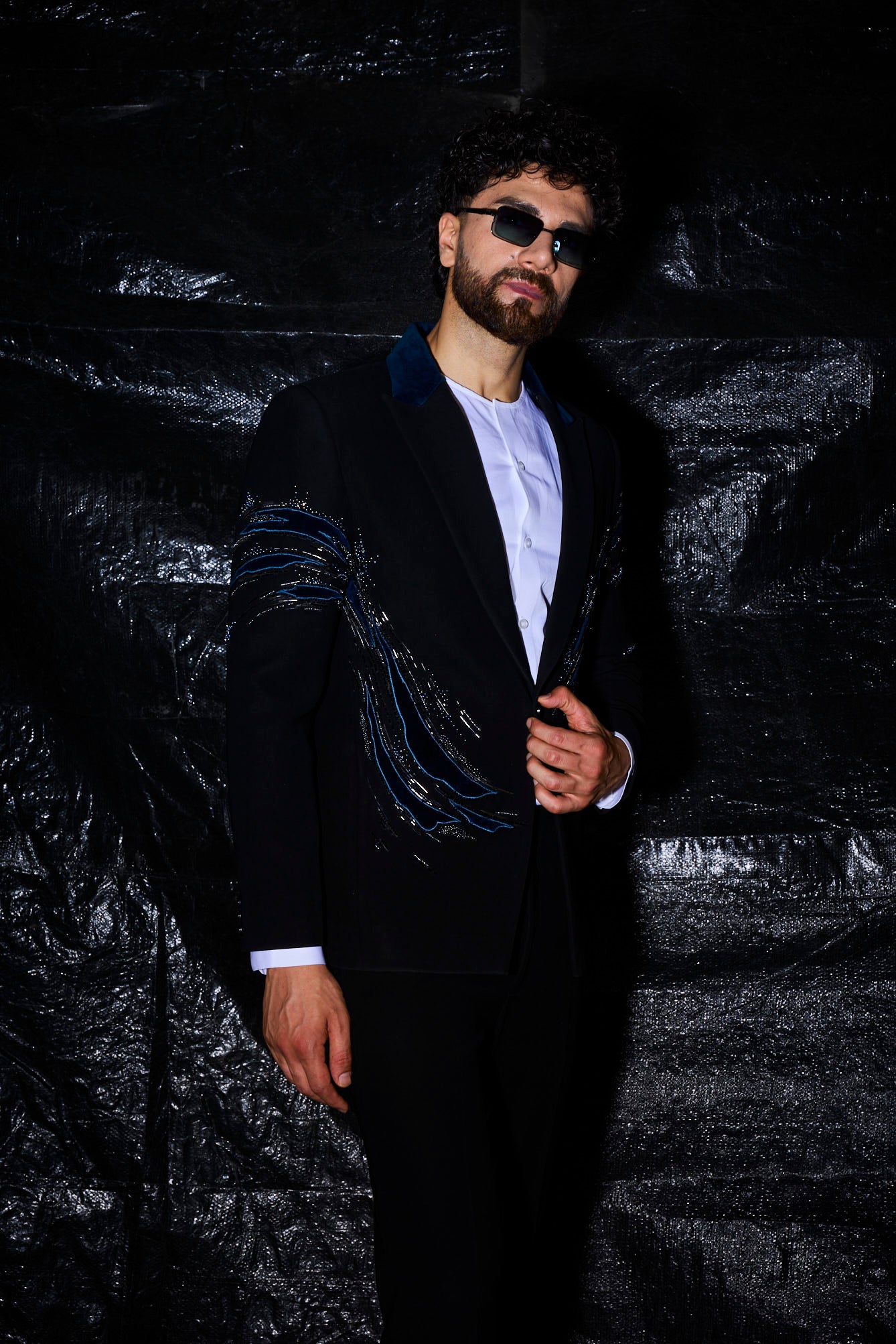 Midnight Blue Metallic Beadwork Tuxedo Set