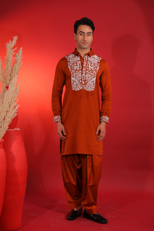 Rust pathani kurta set