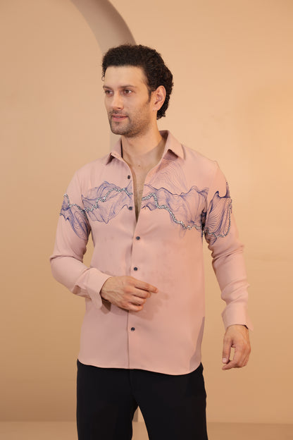 Pink waves handpainted embroidered shirt