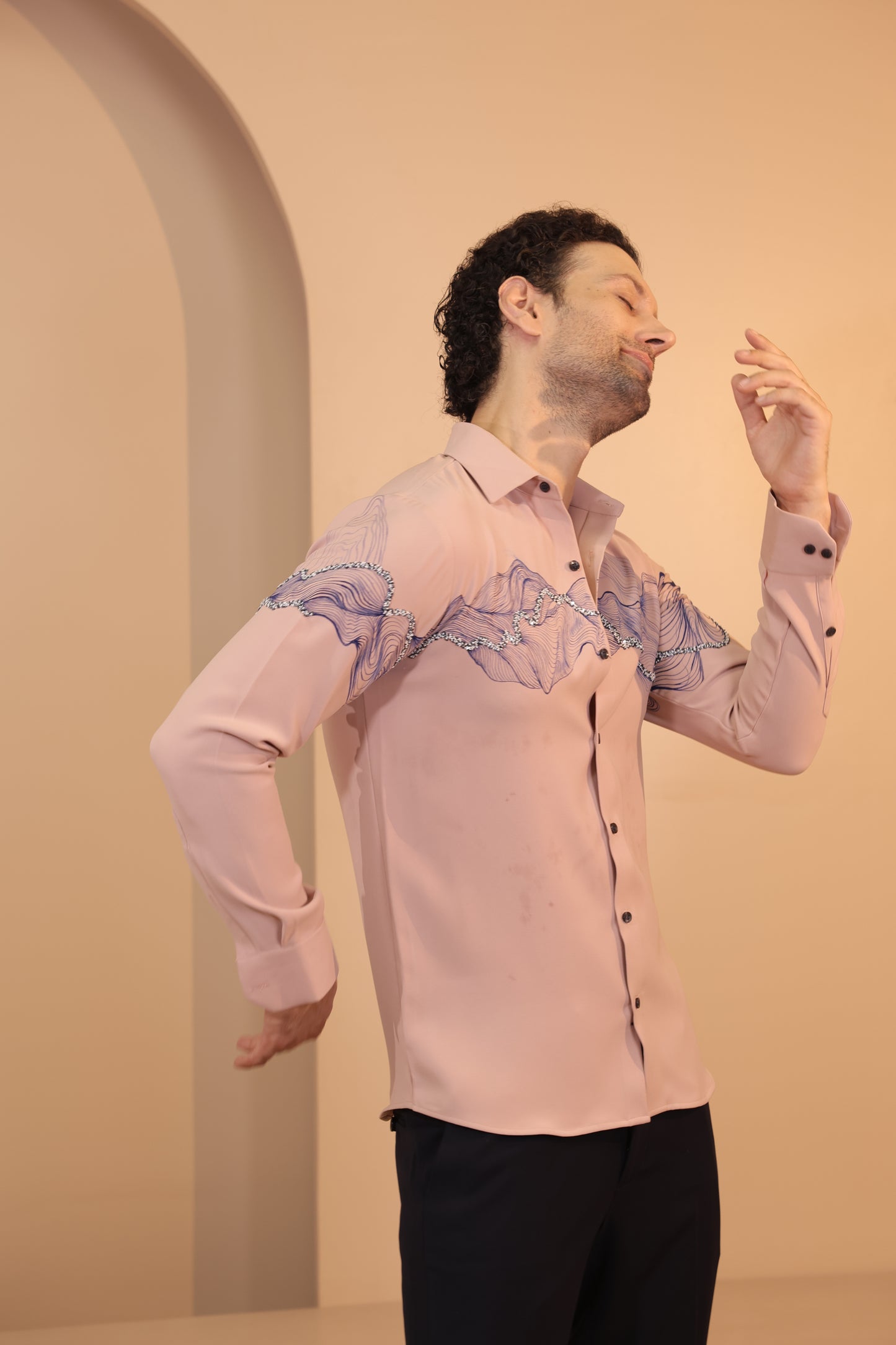 Pink waves handpainted embroidered shirt