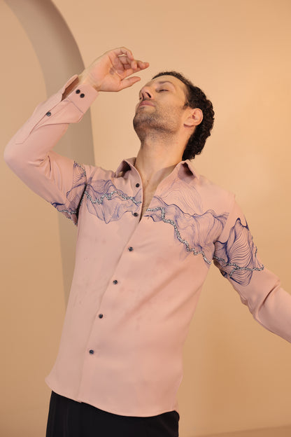 Pink waves handpainted embroidered shirt