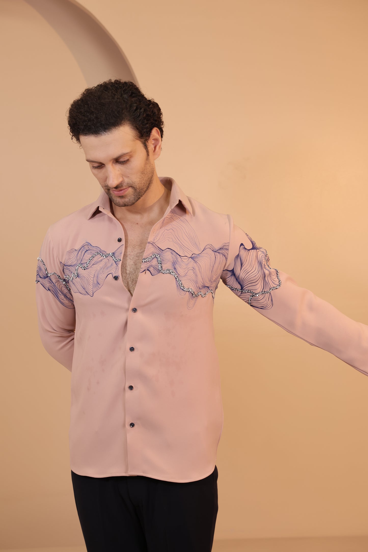 Pink waves handpainted embroidered shirt