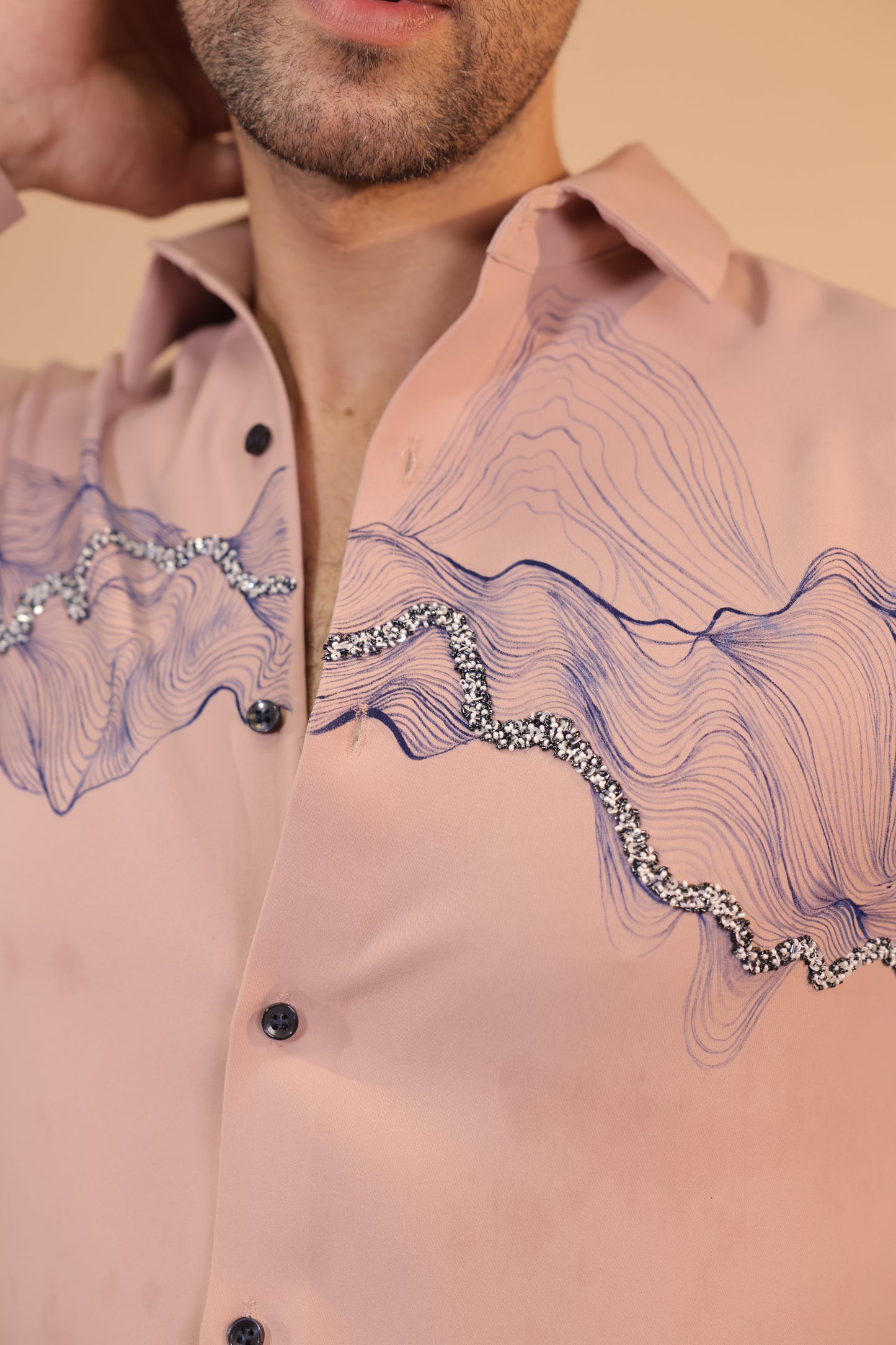 Pink waves handpainted embroidered shirt