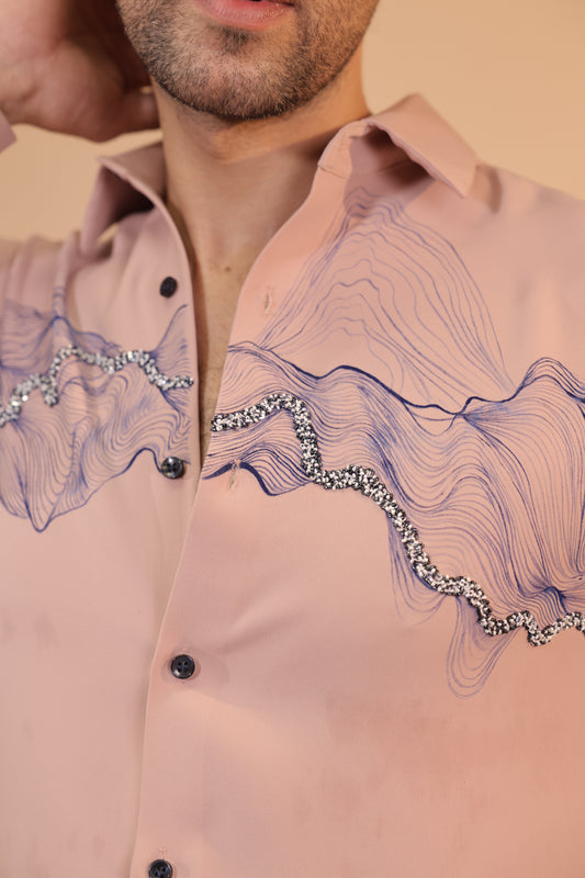 Pink waves handpainted embroidered shirt