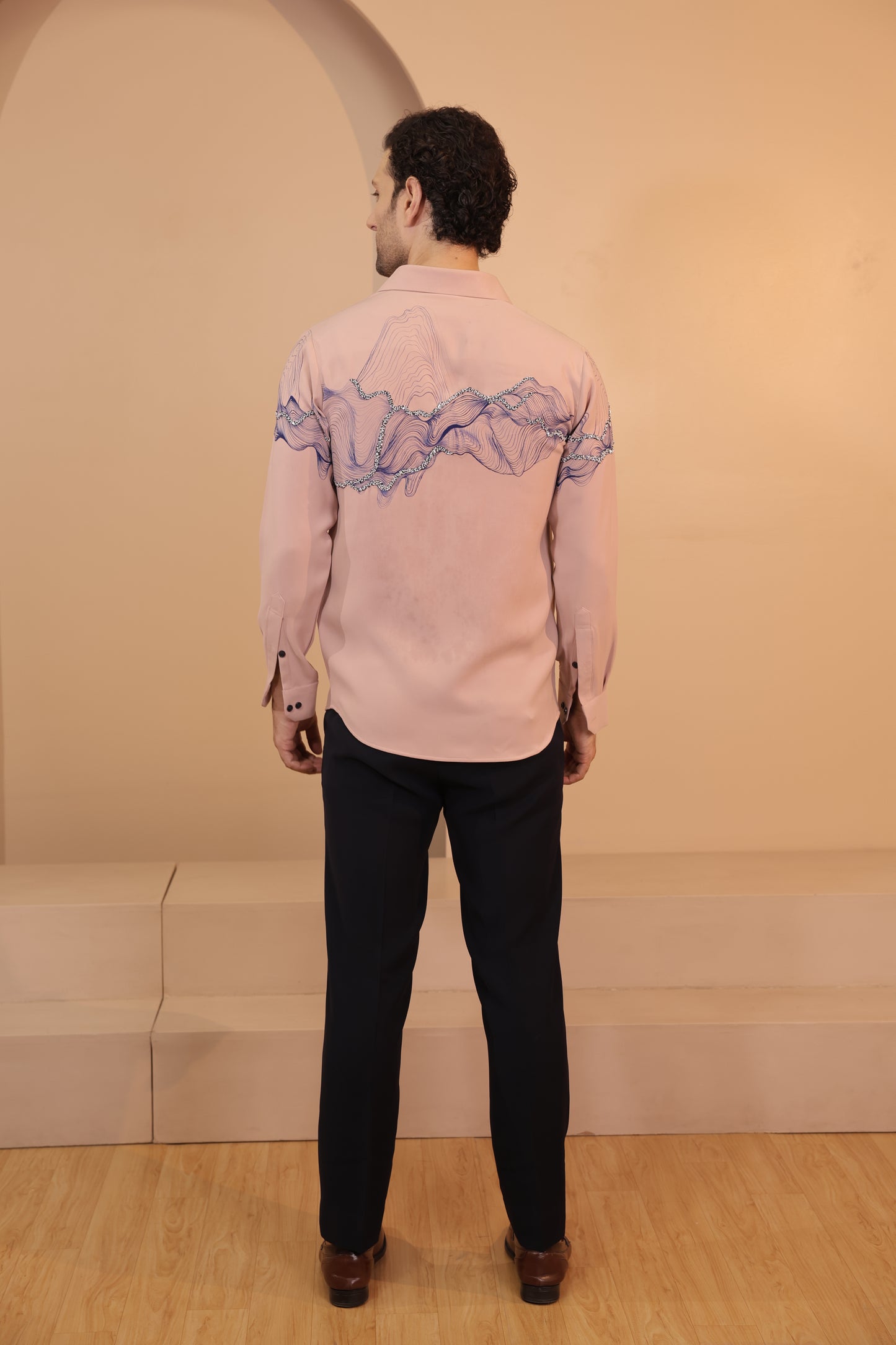 Pink waves handpainted embroidered shirt