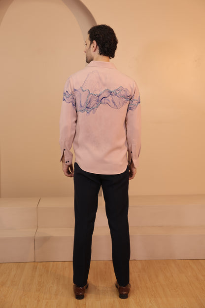 Pink waves handpainted embroidered shirt