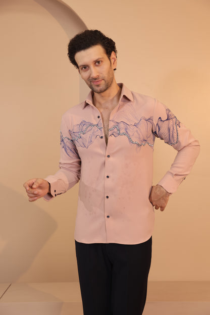 Pink waves handpainted embroidered shirt
