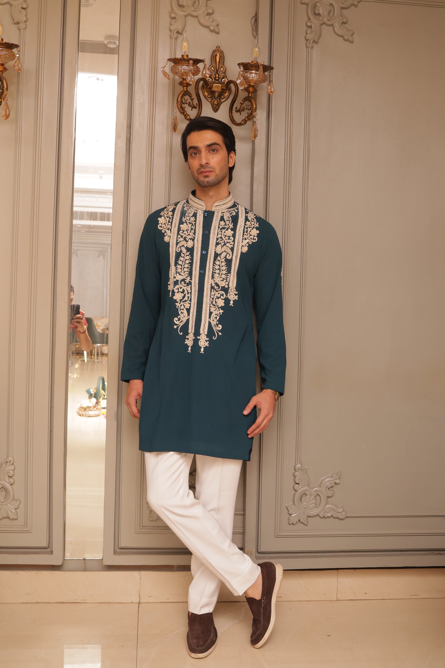 Teel blue aari work kurta set