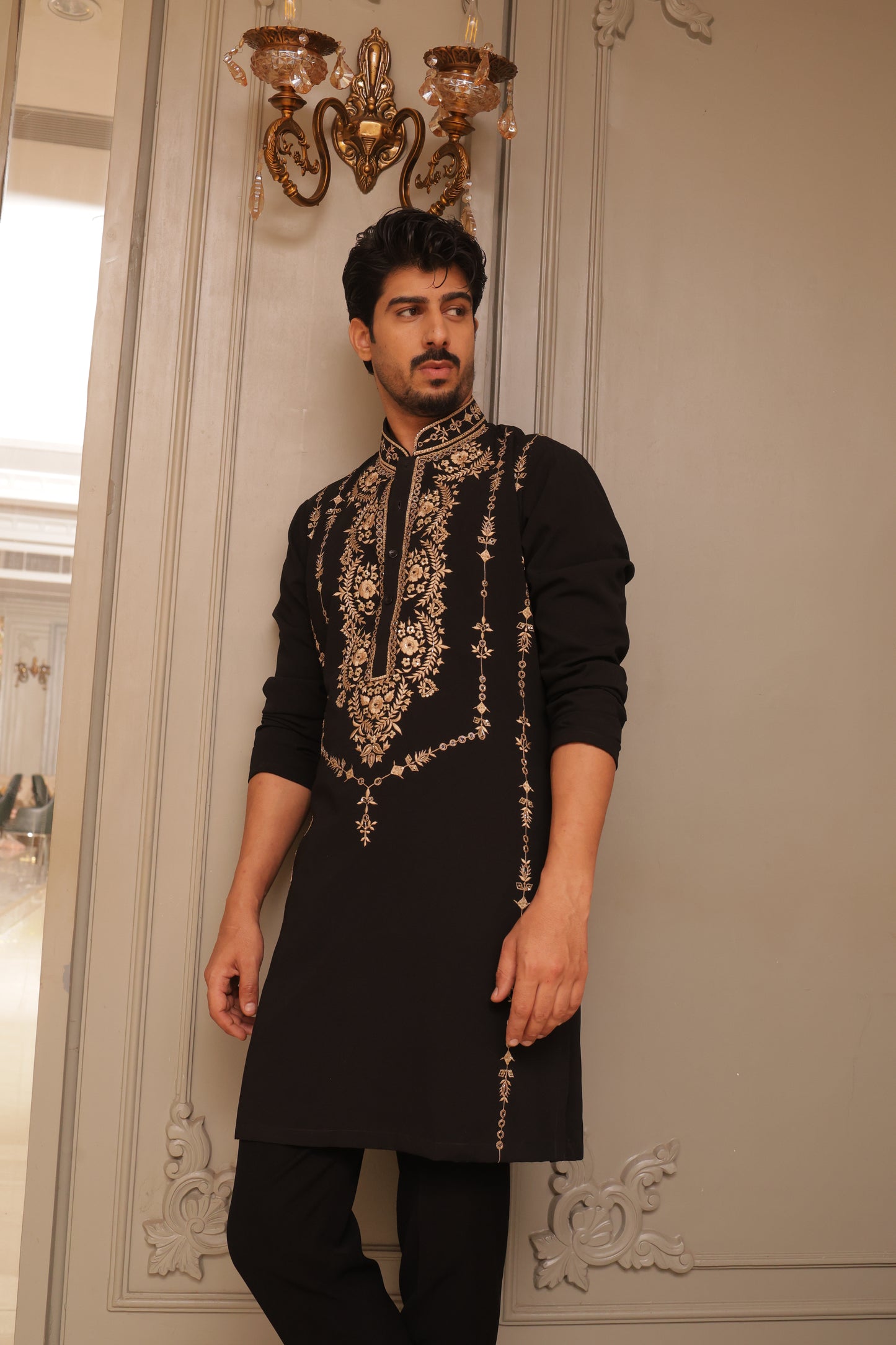 Black aari work kurta set