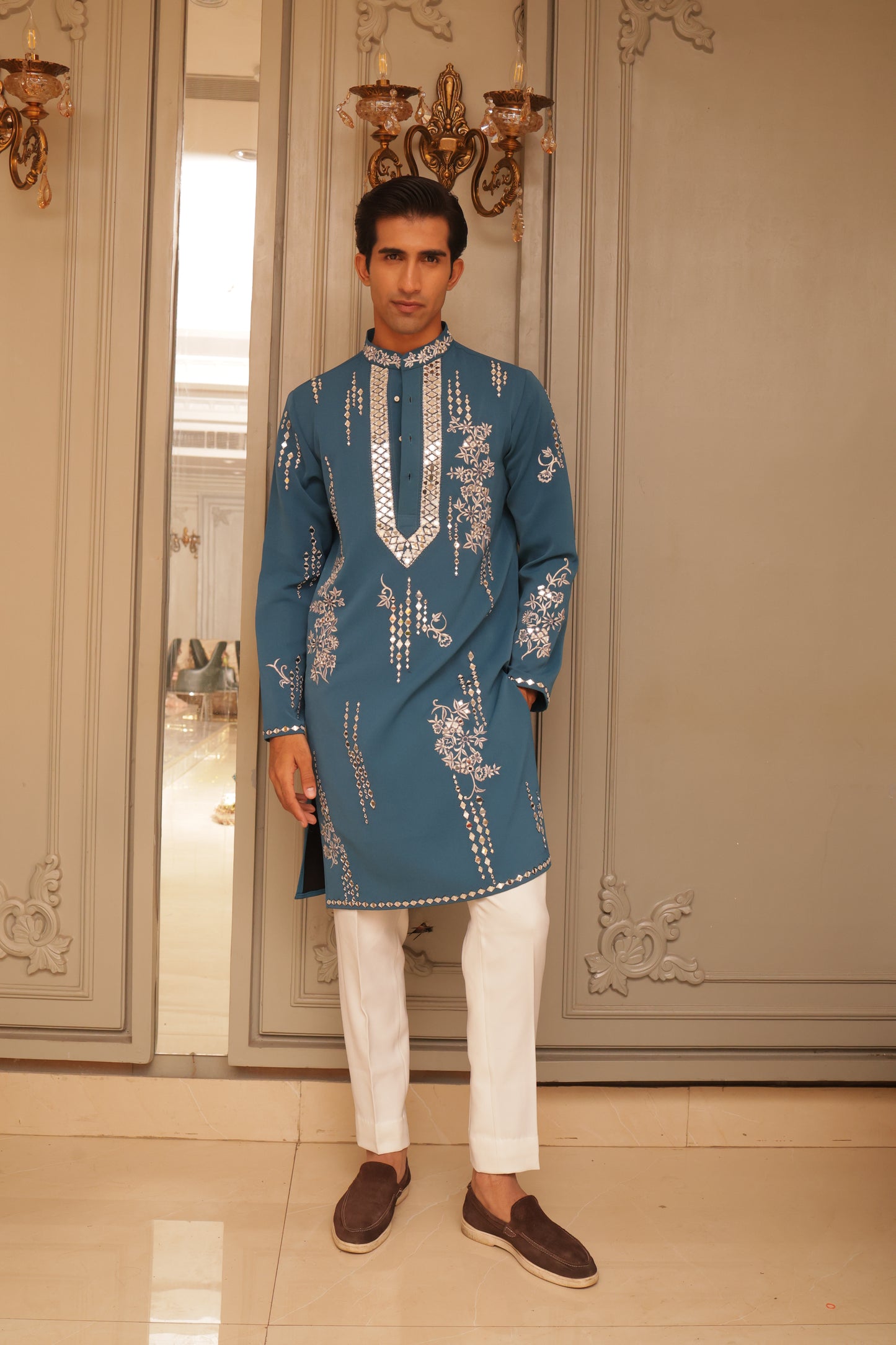 Teel Blue Mirror work Kurta Set