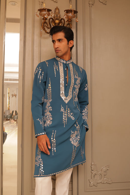 Teel Blue Mirror work Kurta Set