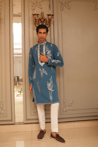 Teel Blue Mirror work Kurta Set