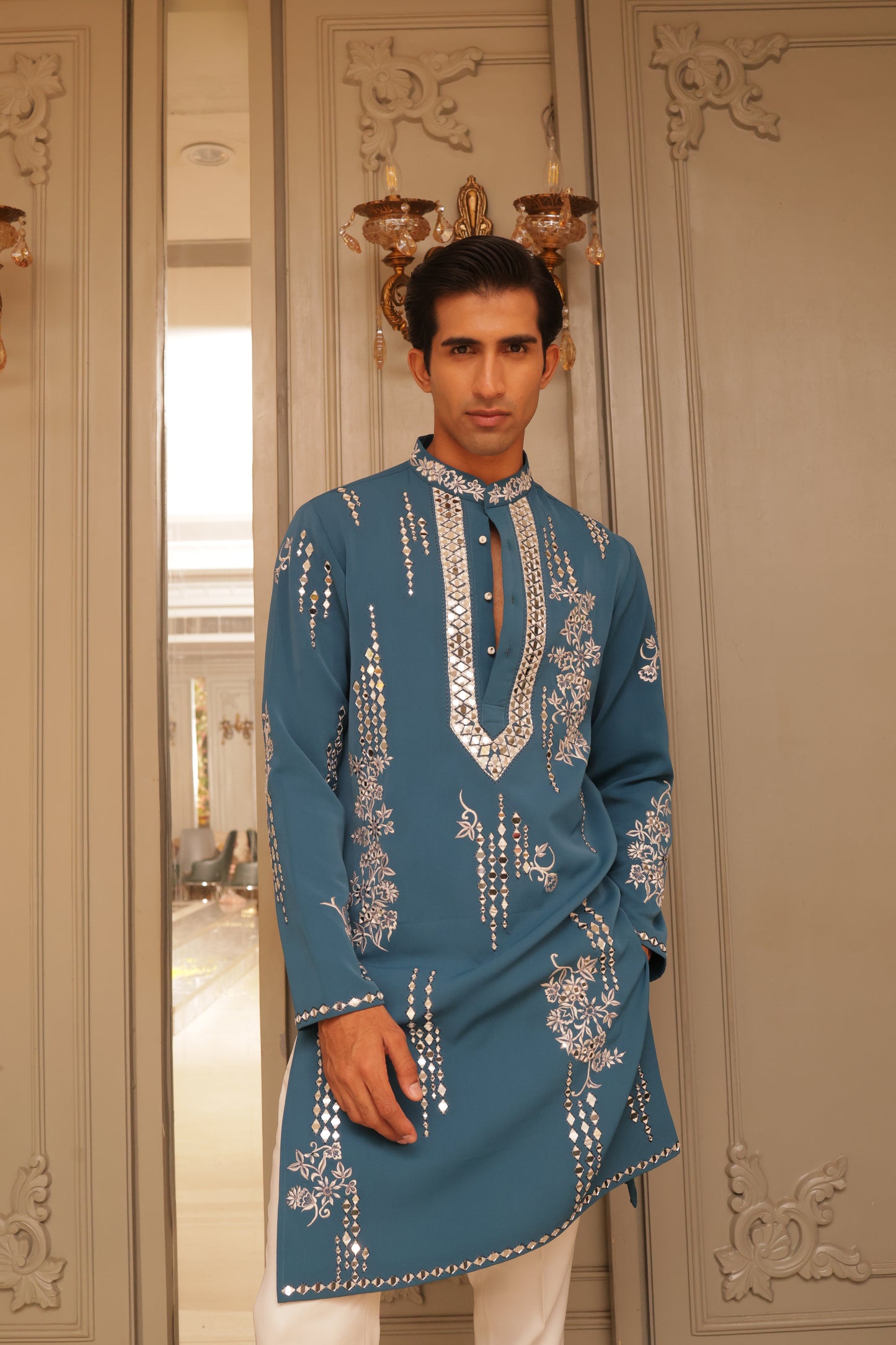 Teel Blue Mirror work Kurta Set