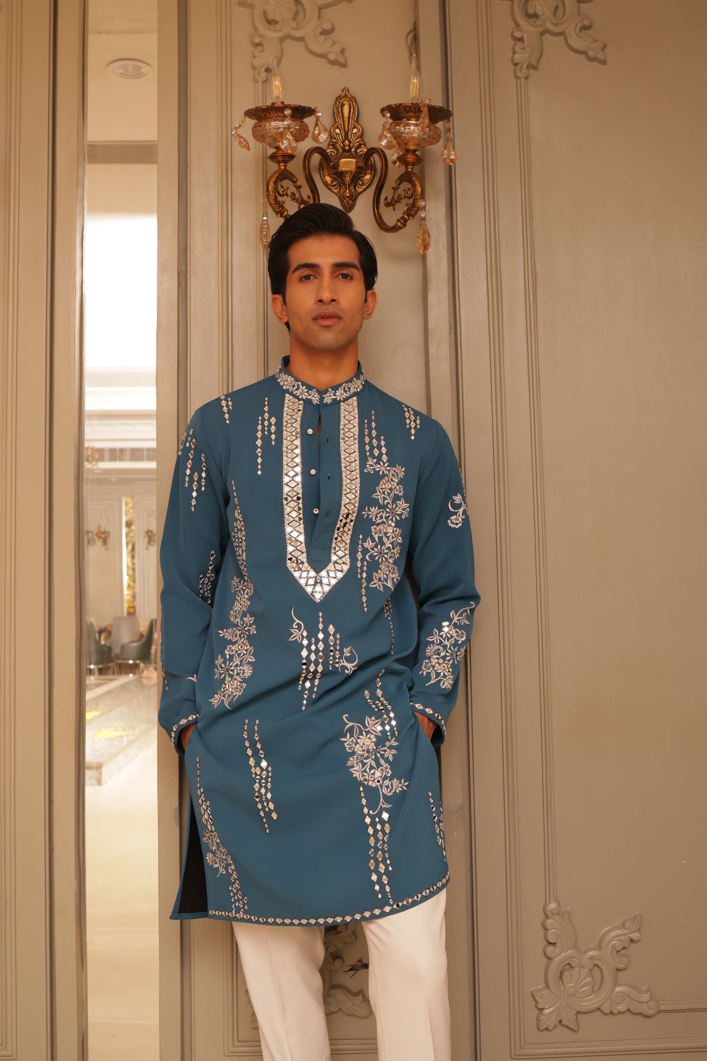 Teel Blue Mirror work Kurta Set