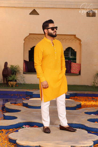 YELLOW LUCKNOWI KURTA SET