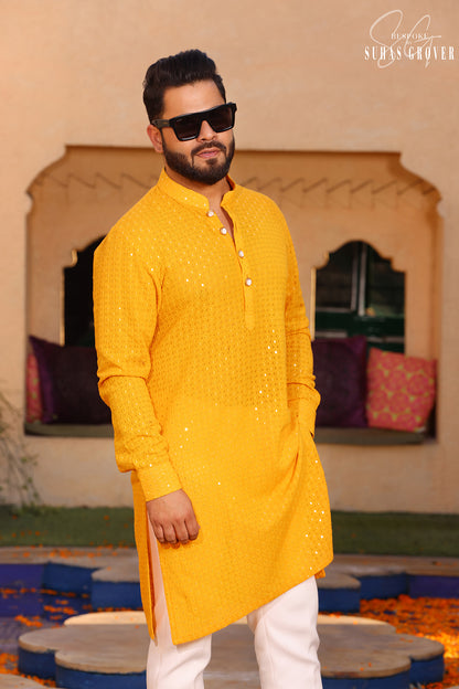 YELLOW LUCKNOWI KURTA SET