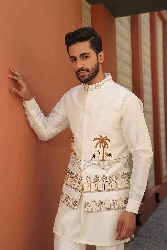 WHITE & GOLD MIRROR NEHRU JACKET