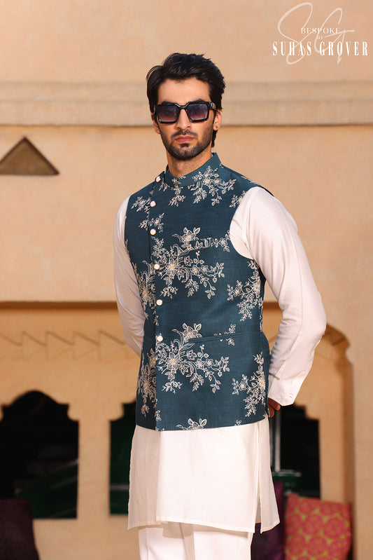 TEEL GREEN CHANDERI SILK NEHRU JACKET